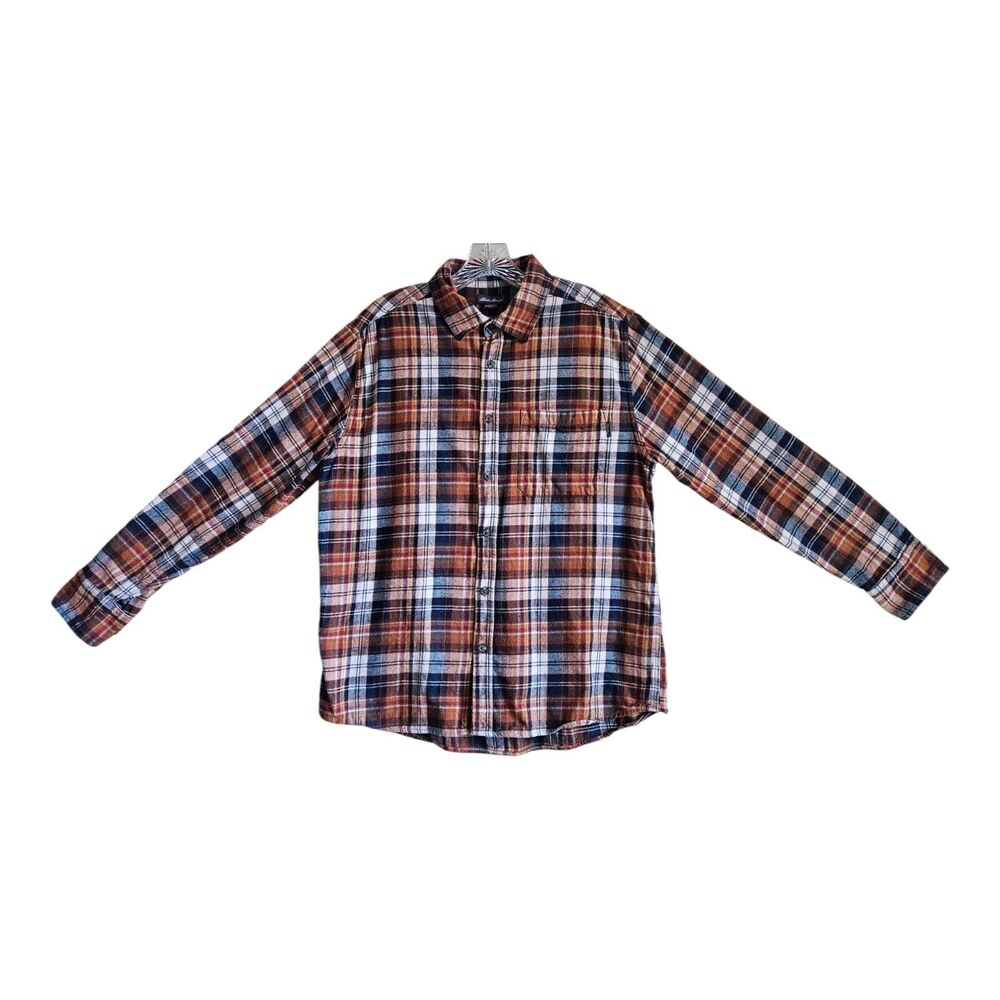 EDDIE BAUER Men's L Flannel Shirt Plaid Brown Blue Button Up Cotton Chest 44"